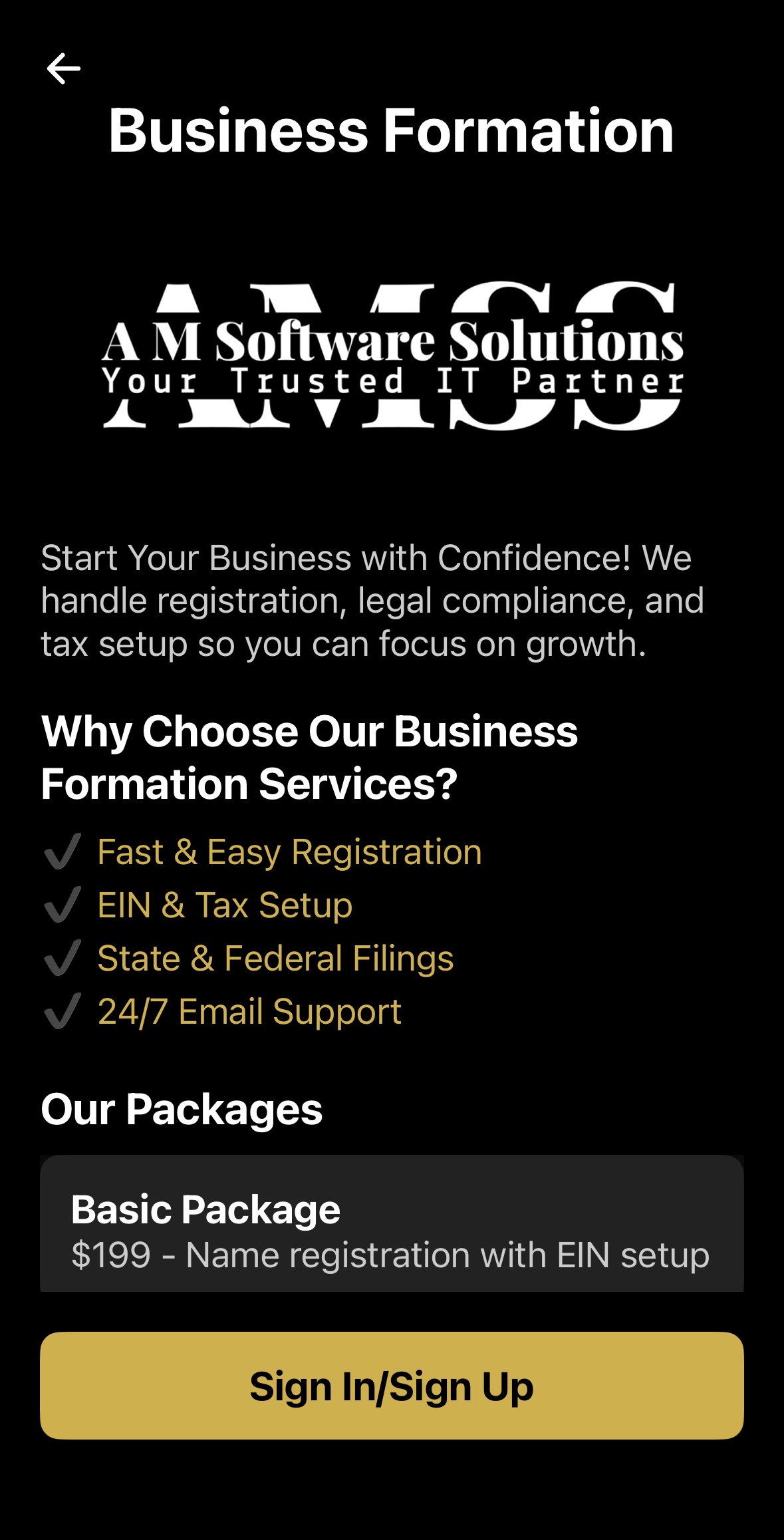Screenshot 10 - AMSS WORKS Business Formation Service Page